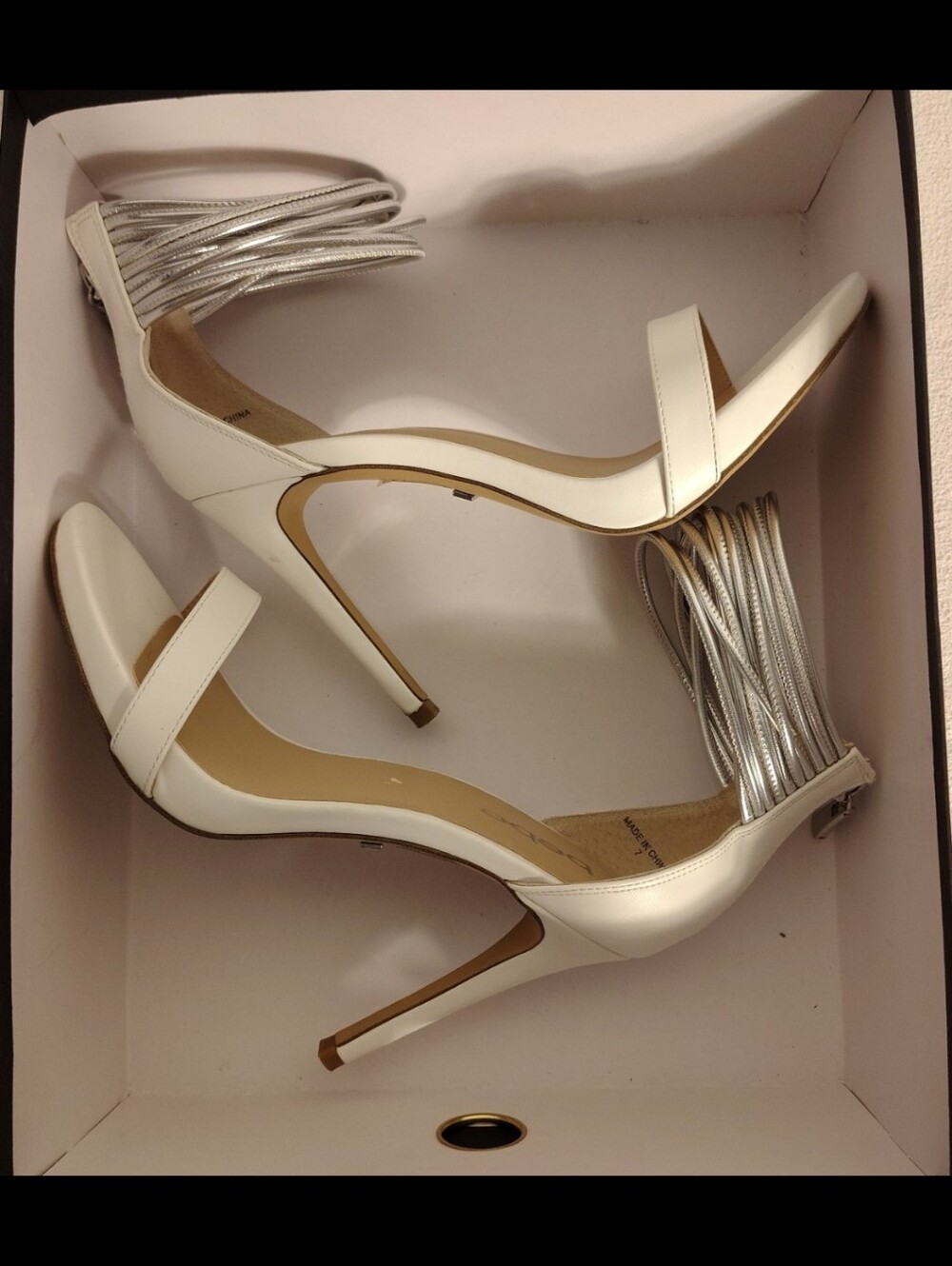 BEBE Avaah Heels – White with Silver Ankle Straps. Size 7